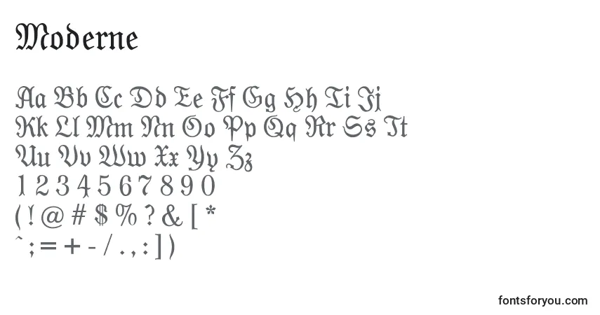Czcionka Moderne – alfabet, cyfry, specjalne znaki