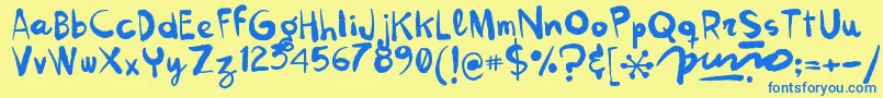 Kokekoko-Schriftart – Blaue Schriften auf gelbem Hintergrund