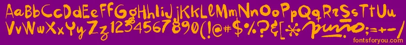 Kokekoko-Schriftart – Orangefarbene Schriften auf violettem Hintergrund