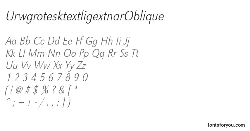 Czcionka UrwgrotesktextligextnarOblique – alfabet, cyfry, specjalne znaki