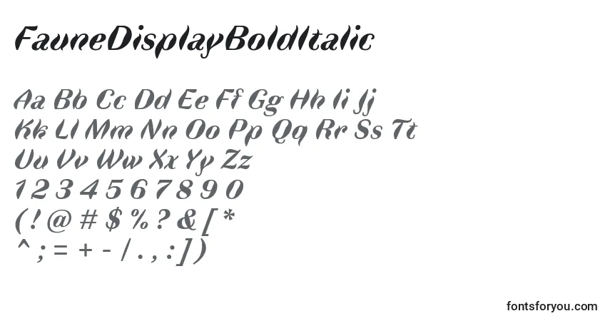 A fonte FauneDisplayBoldItalic – alfabeto, números, caracteres especiais
