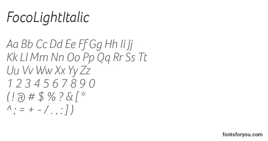 FocoLightItalicフォント–アルファベット、数字、特殊文字