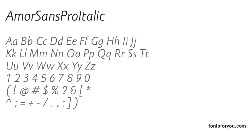 Czcionka AmorSansProItalic – alfabet, cyfry, specjalne znaki