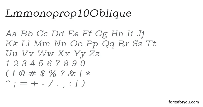 Czcionka Lmmonoprop10Oblique – alfabet, cyfry, specjalne znaki