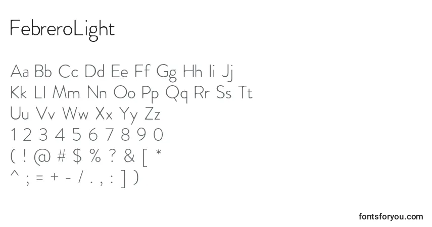 Czcionka FebreroLight – alfabet, cyfry, specjalne znaki