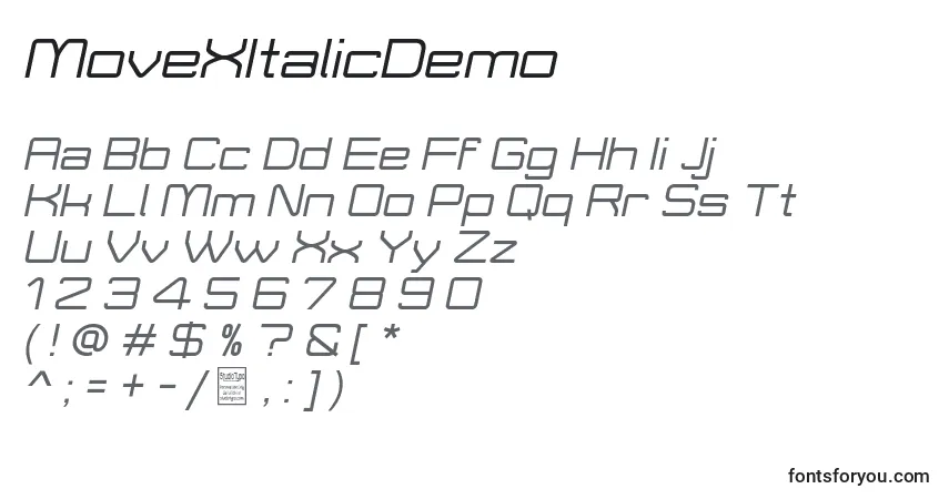Czcionka MoveXItalicDemo – alfabet, cyfry, specjalne znaki
