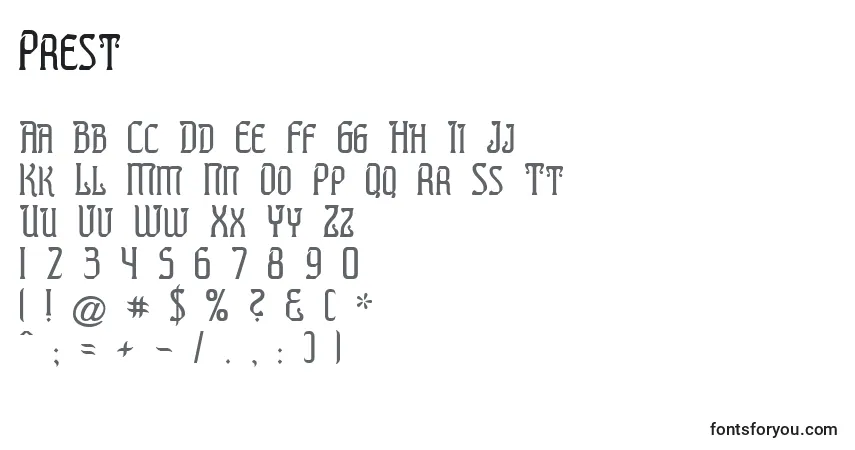 Czcionka Prest – alfabet, cyfry, specjalne znaki