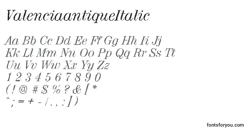 Шрифт ValenciaantiqueItalic – алфавит, цифры, специальные символы
