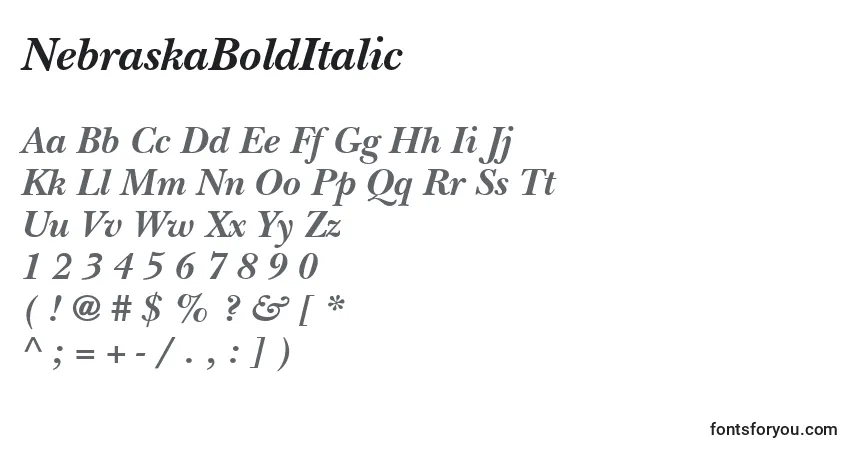 Schriftart NebraskaBoldItalic – Alphabet, Zahlen, spezielle Symbole