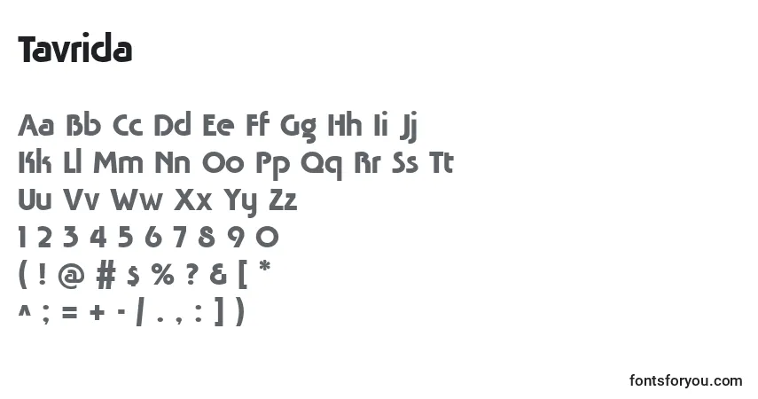 A fonte Tavrida – alfabeto, números, caracteres especiais
