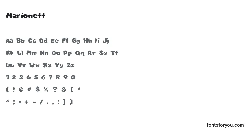 A fonte Marionett – alfabeto, números, caracteres especiais