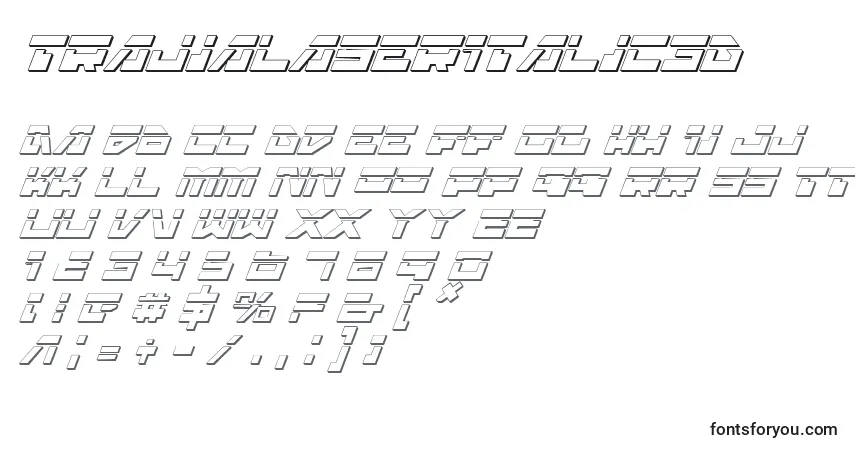 Czcionka TrajiaLaserItalic3D – alfabet, cyfry, specjalne znaki