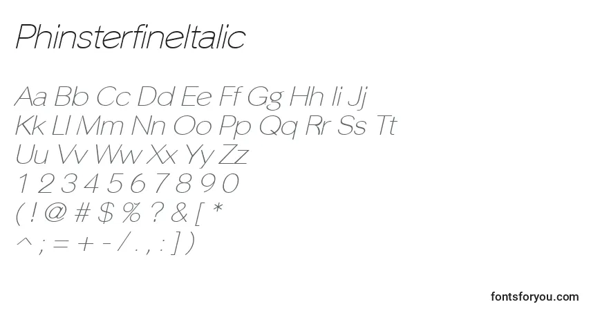 A fonte PhinsterfineItalic – alfabeto, números, caracteres especiais