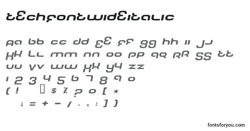 Czcionka TechFontWideItalic – alfabet, cyfry, specjalne znaki