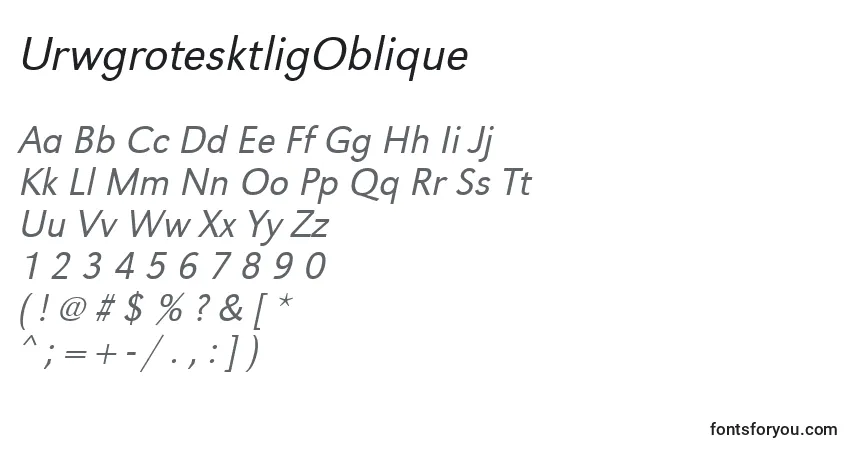 Czcionka UrwgrotesktligOblique – alfabet, cyfry, specjalne znaki