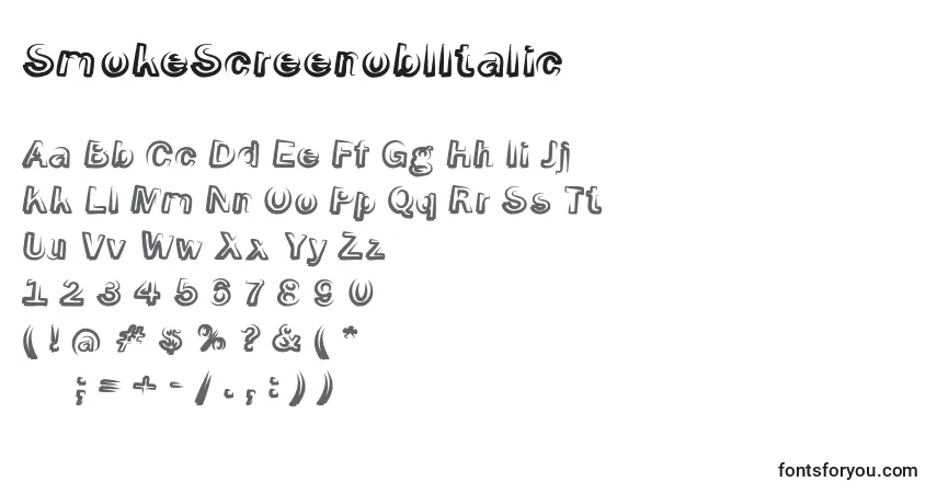 Шрифт SmokeScreenoblItalic – алфавит, цифры, специальные символы