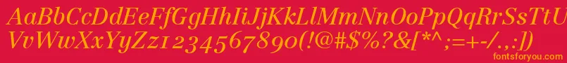 Fonte LinotypeCentennial56ItalicOldstyleFigures – fontes laranjas em um fundo vermelho