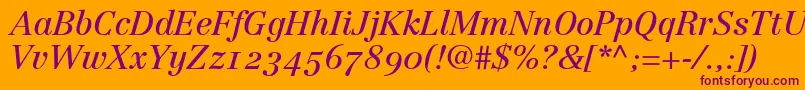 LinotypeCentennial56ItalicOldstyleFigures-Schriftart – Violette Schriften auf orangefarbenem Hintergrund