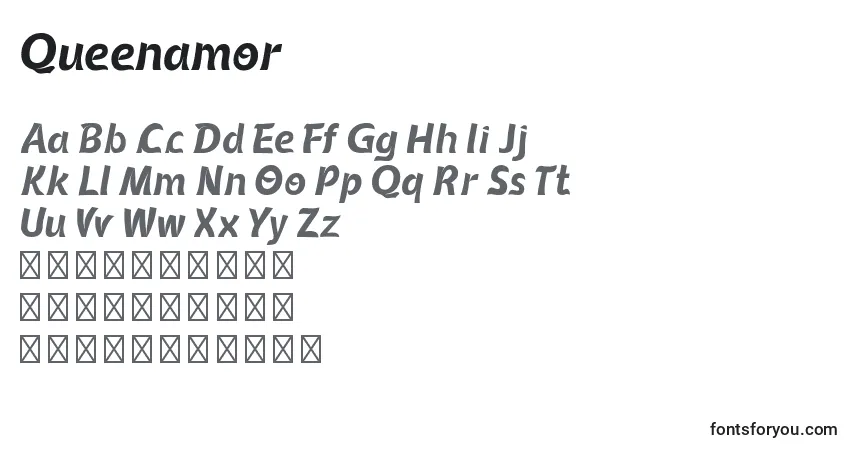 Czcionka Queenamor – alfabet, cyfry, specjalne znaki