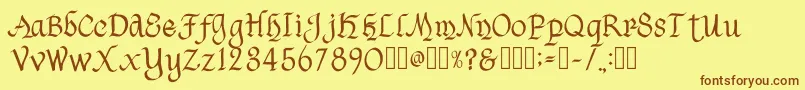 フォントHavenscriptRegular – 茶色の文字が黄色の背景にあります。