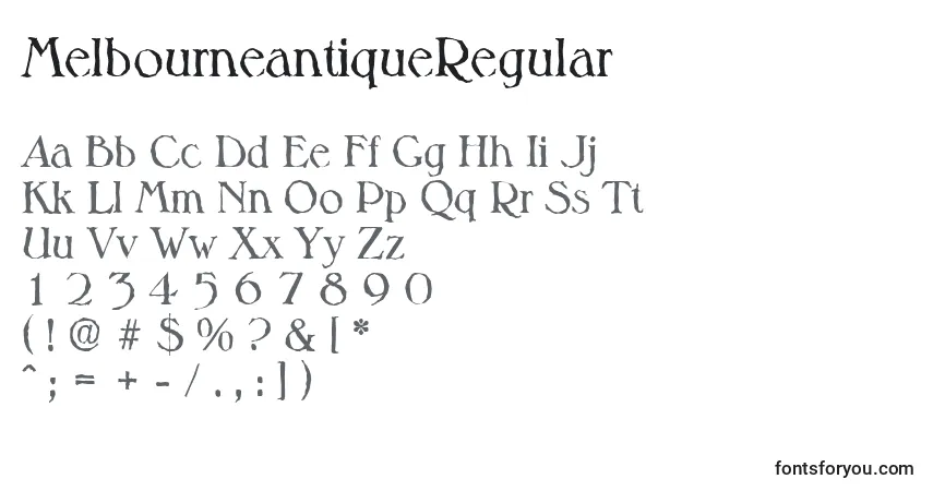 A fonte MelbourneantiqueRegular – alfabeto, números, caracteres especiais