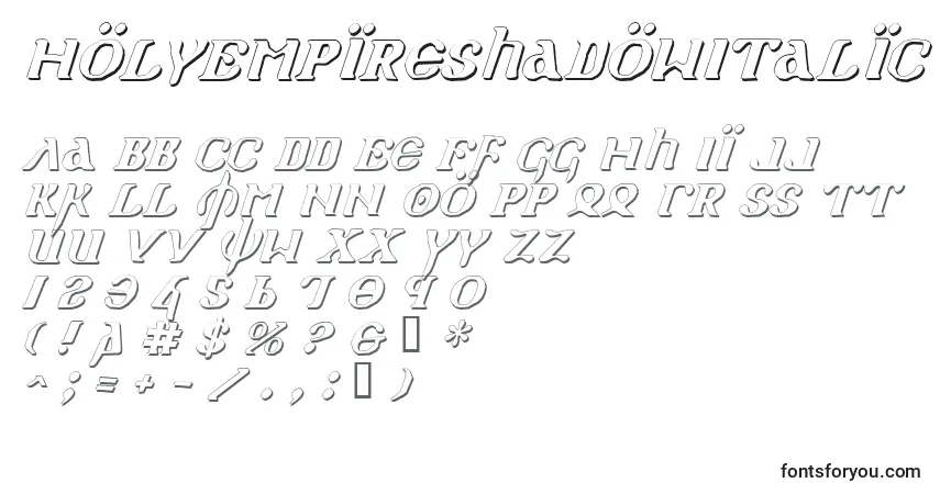 Czcionka HolyEmpireShadowItalic – alfabet, cyfry, specjalne znaki