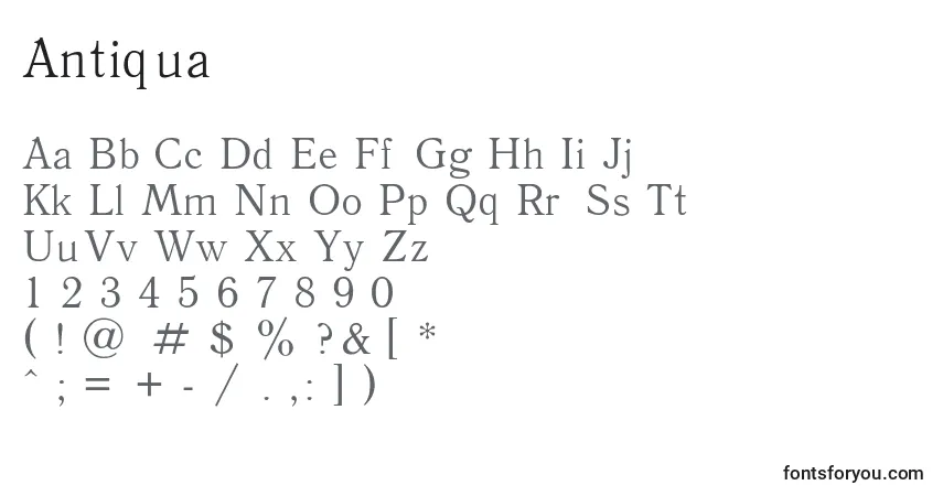 A fonte Antiqua – alfabeto, números, caracteres especiais