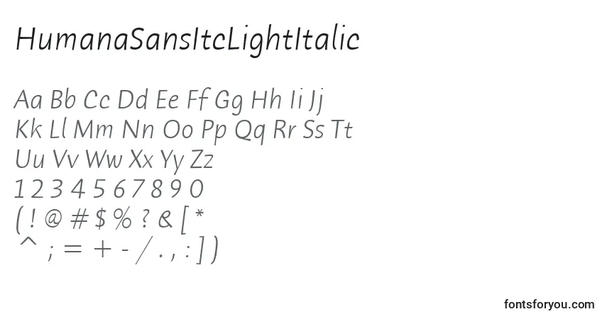 Шрифт HumanaSansItcLightItalic – алфавит, цифры, специальные символы