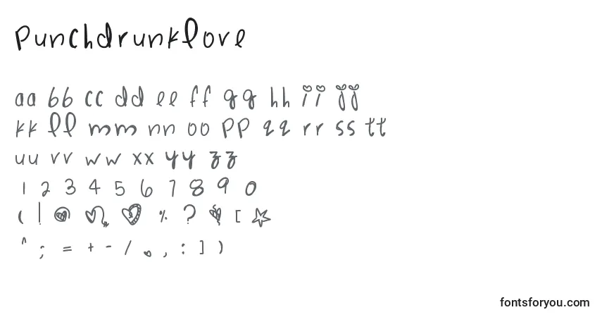 A fonte Punchdrunklove – alfabeto, números, caracteres especiais