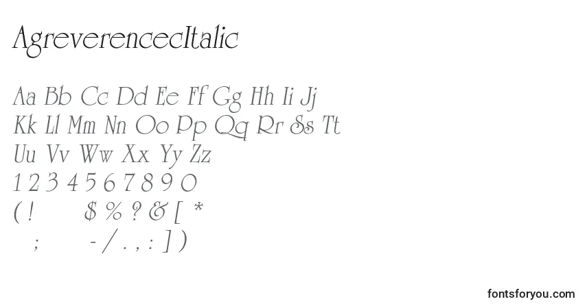 Шрифт AgreverencecItalic – алфавит, цифры, специальные символы