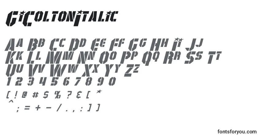 Schriftart GiColtonItalic – Alphabet, Zahlen, spezielle Symbole
