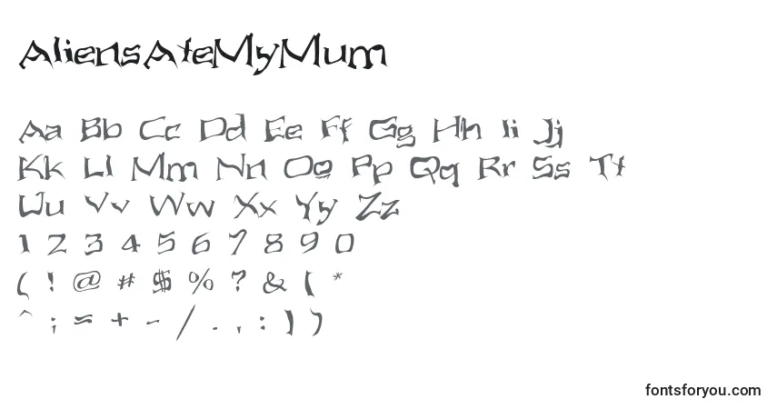 Czcionka AliensAteMyMum – alfabet, cyfry, specjalne znaki