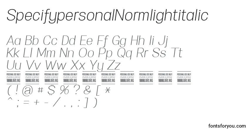 A fonte SpecifypersonalNormlightitalic – alfabeto, números, caracteres especiais