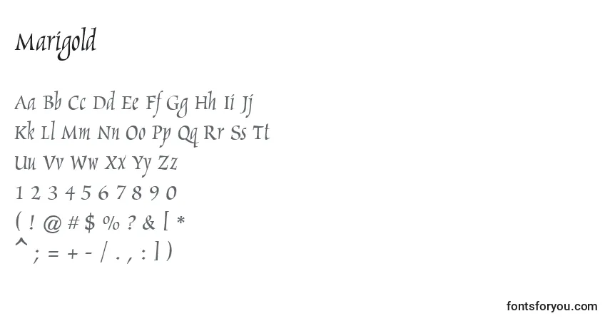 A fonte Marigold – alfabeto, números, caracteres especiais