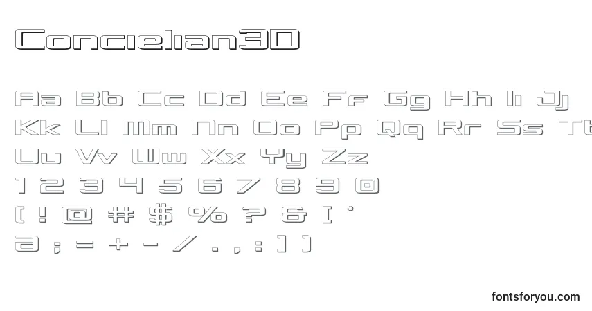 A fonte Concielian3D – alfabeto, números, caracteres especiais