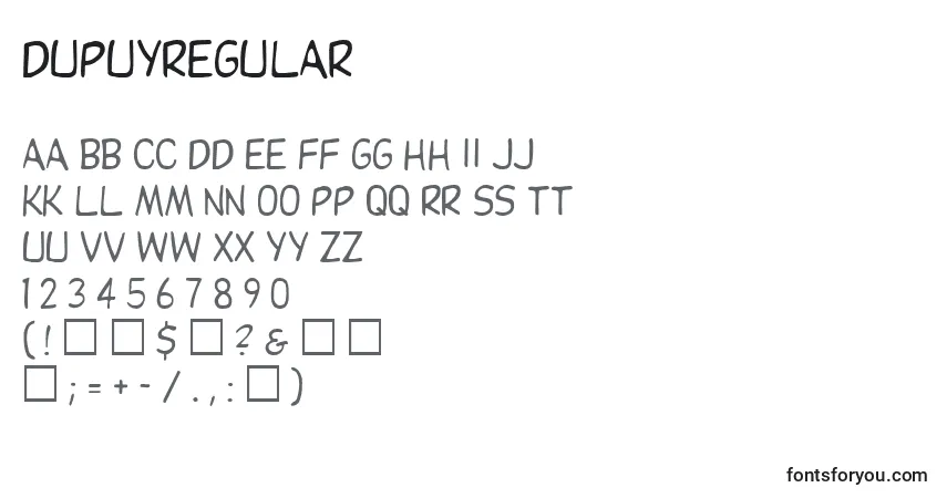 A fonte DupuyRegular – alfabeto, números, caracteres especiais