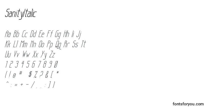 Шрифт SanityItalic – алфавит, цифры, специальные символы
