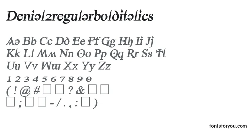 A fonte Denial2regularbolditalics – alfabeto, números, caracteres especiais