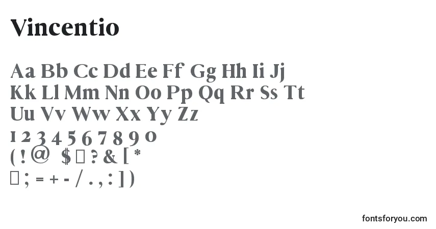 A fonte Vincentio – alfabeto, números, caracteres especiais