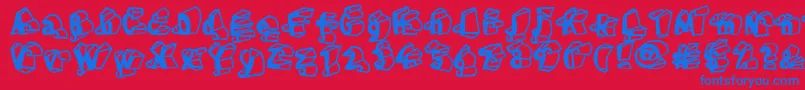 LinotypeHenriDimensions-Schriftart – Blaue Schriften auf rotem Hintergrund
