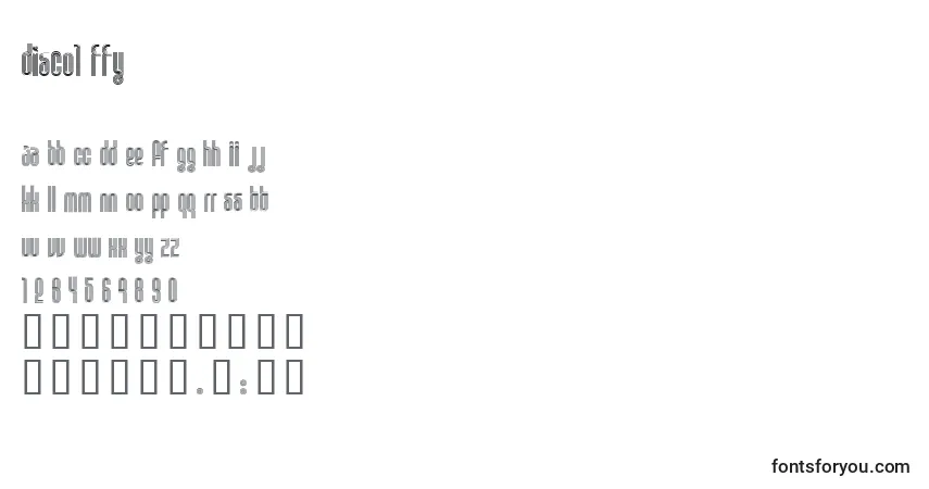 Czcionka Disco1 ffy – alfabet, cyfry, specjalne znaki