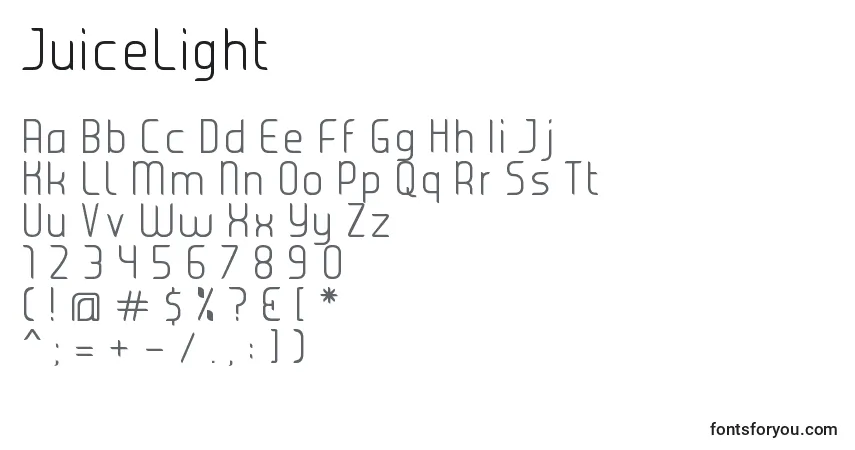 A fonte JuiceLight – alfabeto, números, caracteres especiais