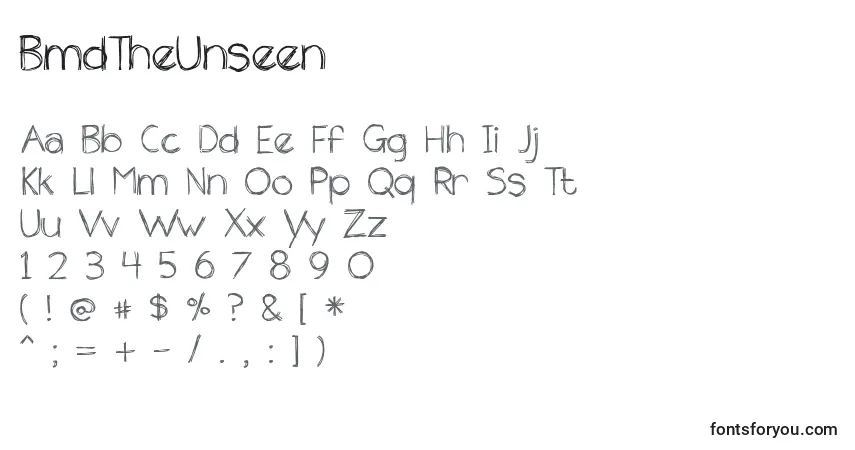 Schriftart BmdTheUnseen – Alphabet, Zahlen, spezielle Symbole