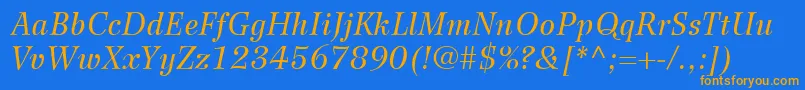 フォントWilkeLt56Italic – オレンジ色の文字が青い背景にあります。