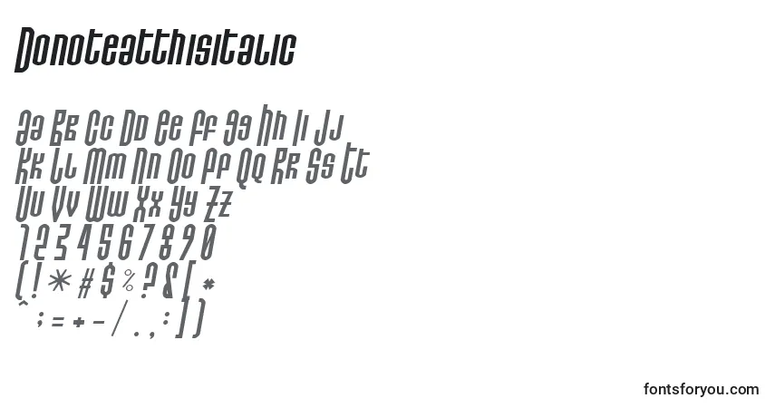 Czcionka Donoteatthisitalic – alfabet, cyfry, specjalne znaki