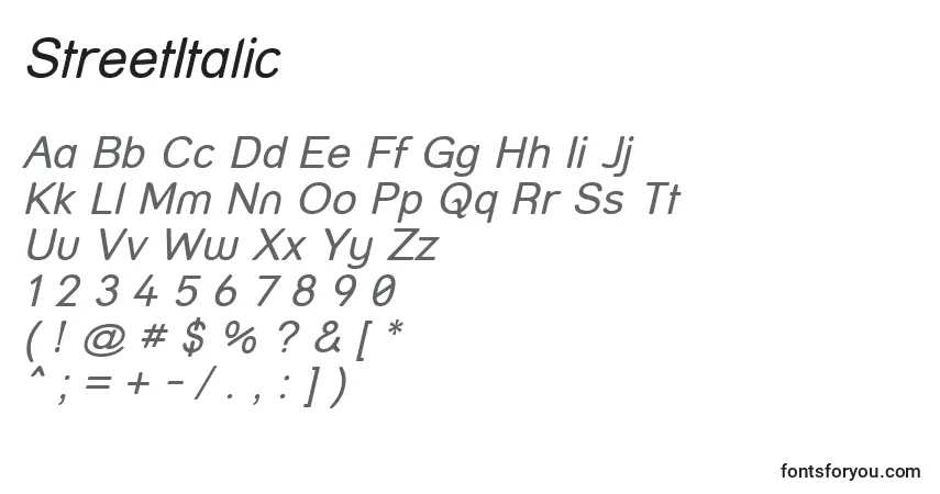 Шрифт StreetItalic – алфавит, цифры, специальные символы