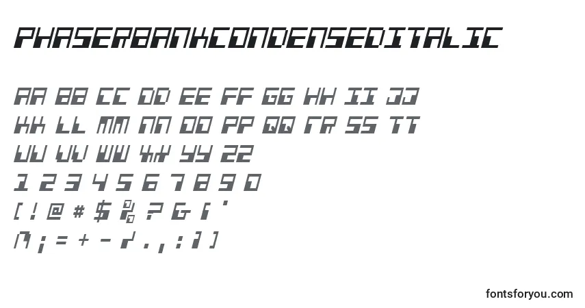 A fonte PhaserBankCondensedItalic – alfabeto, números, caracteres especiais