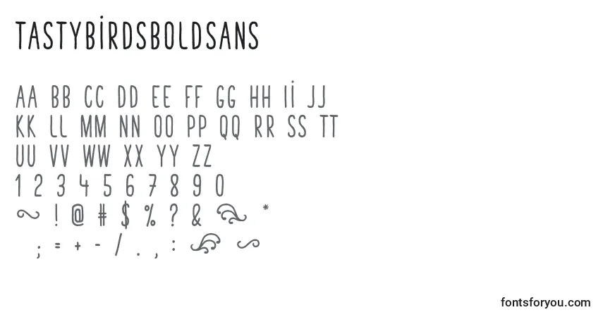 Czcionka TastyBirdsBoldSans – alfabet, cyfry, specjalne znaki
