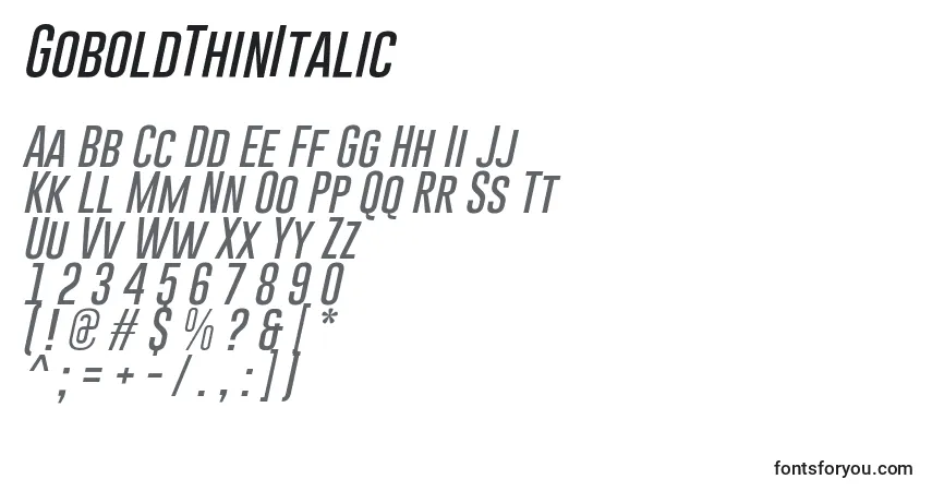 Czcionka GoboldThinItalic – alfabet, cyfry, specjalne znaki