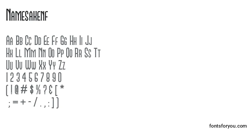 Czcionka Namesakenf – alfabet, cyfry, specjalne znaki